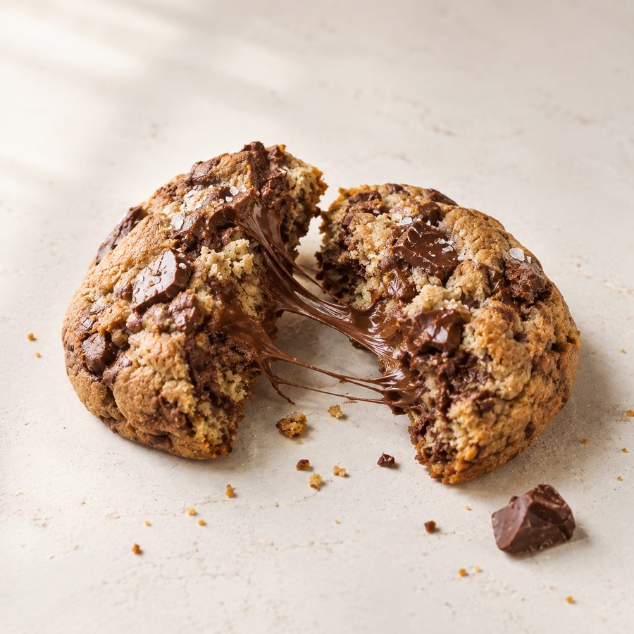 The Gooie, broken open with melted chocolate stretching between the halves